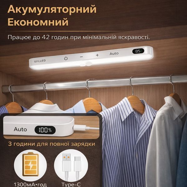 Світильник бездротовий лінійний нічник з датчиком руху на акумуляторі 1300 mAh WILLED комплект 2 шт. 22032 фото