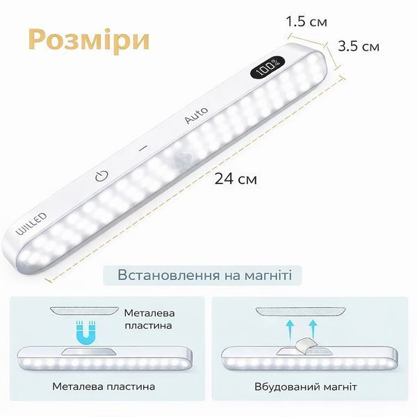 Світильник бездротовий лінійний нічник з датчиком руху на акумуляторі 1300 mAh WILLED комплект 2 шт. 22032 фото