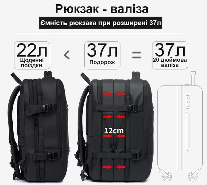 Рюкзак дорожній універсальний Bange на 37 л з портом USB стильний рюкзак для подорожей і бізнесу чорний 22120 фото