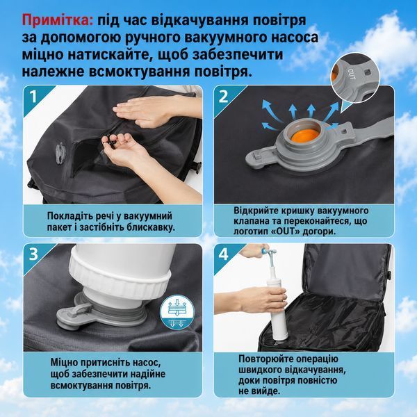 Рюкзак ручная кладь вакуумный 40&times;25&times;20 см с ручным компрессионным насосом для путешествий самолетом в лоукост. 222531 фото