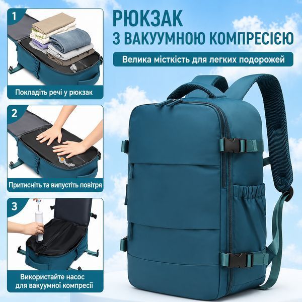 Рюкзак ручная кладь вакуумный 40&times;25&times;20 см с ручным компрессионным насосом для путешествий самолетом в лоукост. 222531 фото