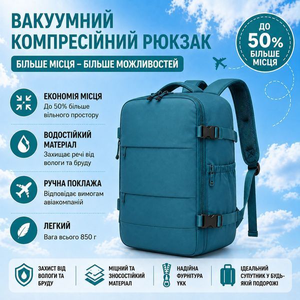 Рюкзак ручная кладь вакуумный 40&times;25&times;20 см с ручным компрессионным насосом для путешествий самолетом в лоукост. 222531 фото