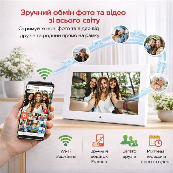 Цифрова фоторамка Frame Frameo 10,1 дюймів 32 ГБ WiFi електронна рамка для фото подарунок FRAMEO з сенсорним дисплеєм біла 22006 фото